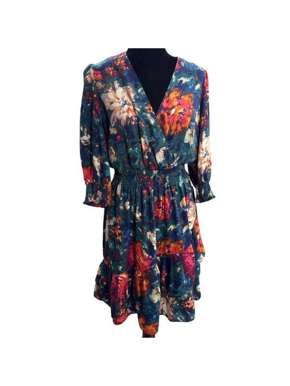 Maison Tara Floral Long-Sleeve Midi Dress Size 6 Smocked Waist (NN529)